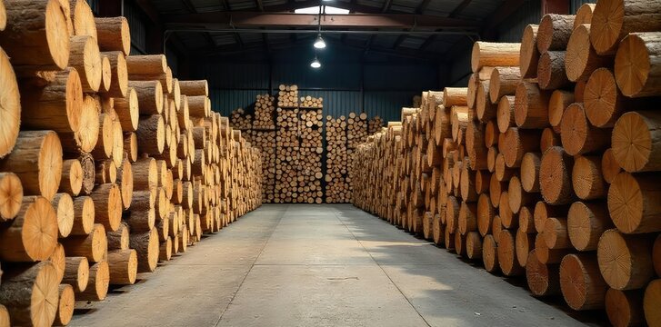Stacks of dried forestry products, neatly organized in a warehouse or storage facility Ready for processing or shipment Shows the texture and color variations in the wood , shipping, planks - Powered by Adobe