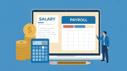 Illustration showing payroll and salary management with calculator and coins on a laptop screen