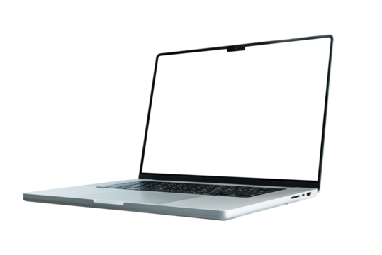 Laptop computer with blank transparent screen and background- PNG format.