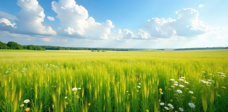 Vast expanse of tallgrass prairie swaying gently in the breeze, wildflowers dotting the landscape under a bright summer sky A tranquil scene of untouched nature , serene, summer