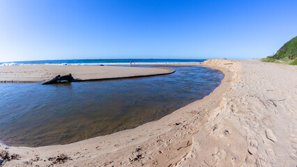 Beach Open River Mouth Water Flowing Towards Blue Ocean Landscape