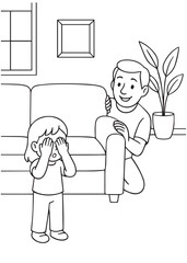 Coloring book page of a father playing hide and seek with children.