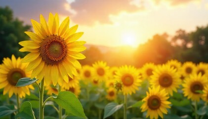 Fototapeta premium Vibrant sunflowers bask in the warm glow of summer sunshine, their golden petals reaching towards the bright sky A picturesque scene of nature's beauty and abundant energy , growing, flora