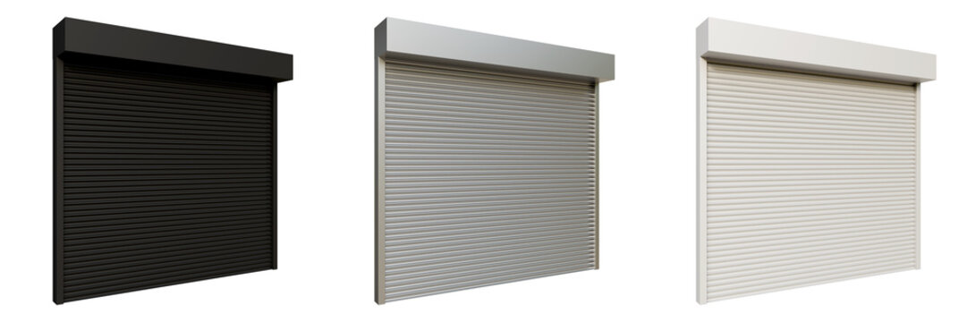 Set of roller shutter 3d illustration render. Closed entrance with roller blind. Black, white and silver roller shutter isolated on background.