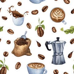 watercolor coffee seamless pattern with coffee cup, coffee beans, geyser coffee maker, bag of coffee beans isolated on transparent background. barista pattern. hot drink for breakfast. 