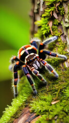 Spider macro jungle moss tree, rainforest insect camouflage wild