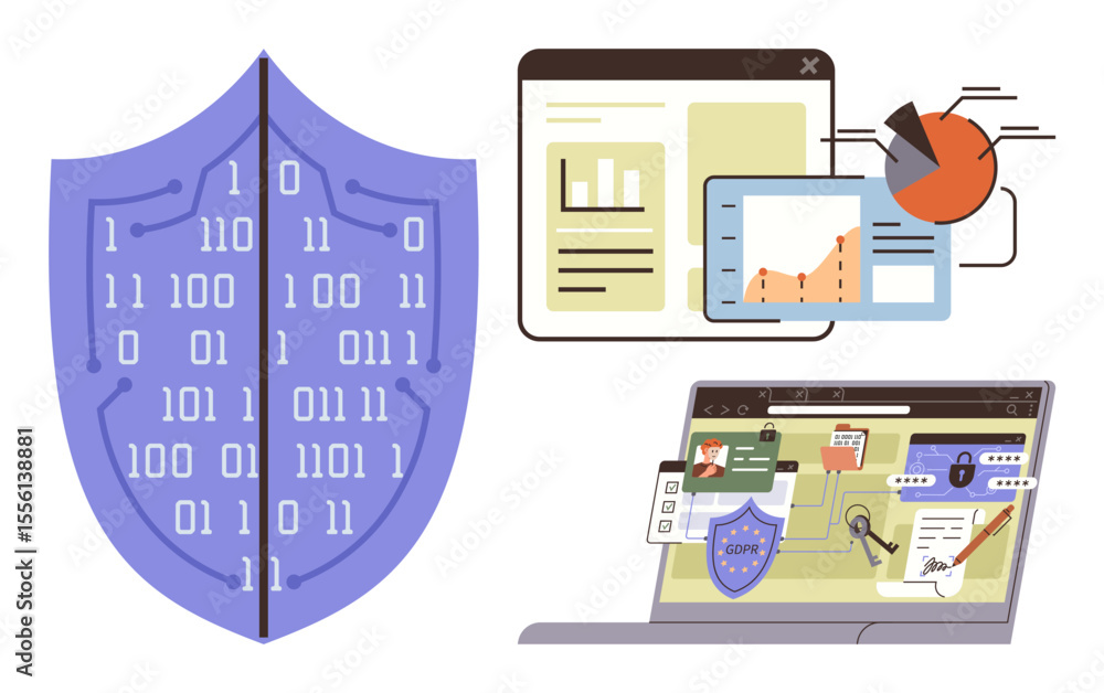Poster shield with binary code, analytical charts, a padded browser window, and laptop illustrate cybersecu