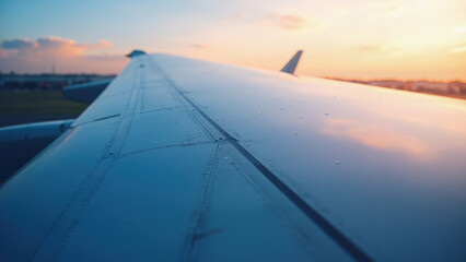Fototapeta na wymiar Airplane wing close up with rivets and water droplets against a soft sunset sky with orange and blue hues