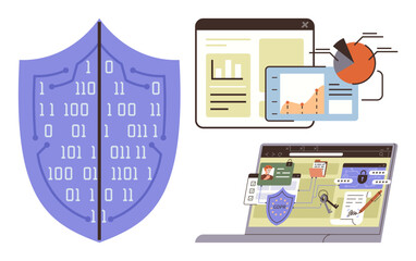 Shield with binary code, analytical charts, a padded browser window, and laptop illustrate cybersecurity, data safety, online protection, analytics, IT security, network safety and internet privacy
