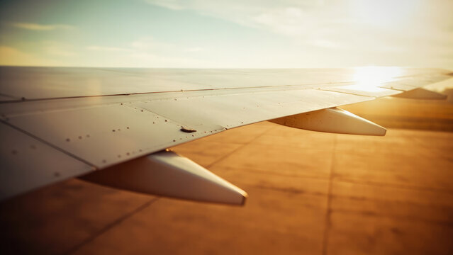 Airplane wing detail during golden hour with rivets and aileron against a warm sky and runway surface, travel concept