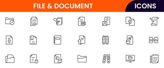 Vector line icons of files, folders, documents, PDFs, uploads, downloads, editing, sharing, archiving, and storage perfect for digital platforms, apps, and websites.