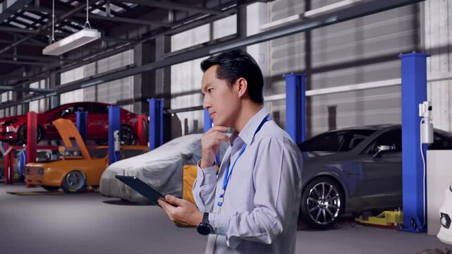 Side View Of An Asian Male Professional Worker in Auto Repair Shop, Observes By Looking Up Before He Come To Concentrating On The Tablet And Keep On Checking