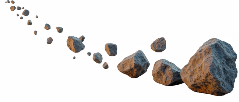 Rocky asteroids scattered in space, showcasing various sizes and textures, creating cosmic trail. scene evokes sense of wonder and exploration