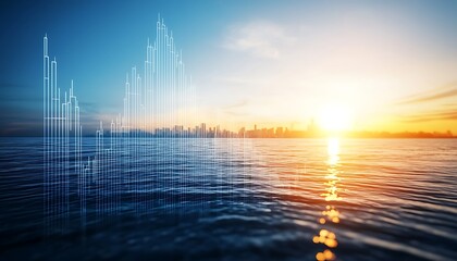 Tranquil Water Scene with Digital Financial Chart Overlay at Sunset in Urban Skyline Background