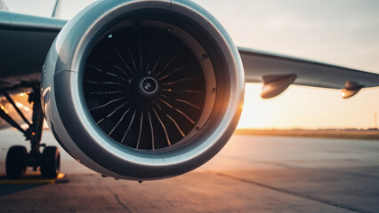Close up of a jet engine with silver casing and black fan blades on an airplane wing at sunset on a runway