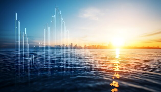 Tranquil Water Scene with Digital Financial Chart Overlay at Sunset in Urban Skyline Background