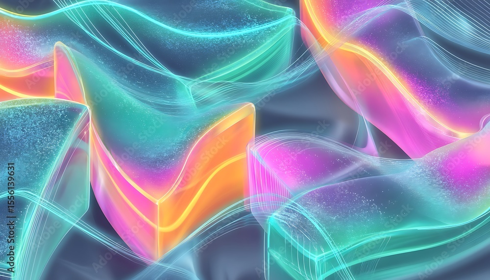 Poster colorful abstract waves and fluid shapes in neon glow with soft textures and smooth forms for artist