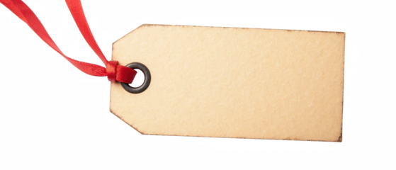 Blank tag with red ribbon, perfect for labeling gifts or items, showcasing simplicity and versatility