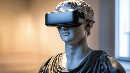 A statue wearing virtual reality goggles stands in an art museum, merging classical art and contemporary technology during a gallery visit