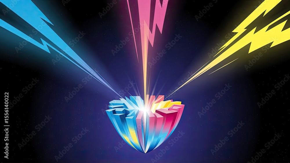 Poster abstract geometrical object with colorful lightning effect on black space background