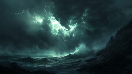 Fototapeta premium A violent ocean storm with lightning 