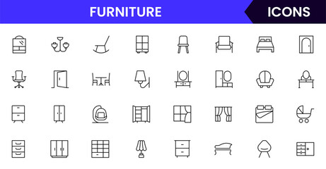 Vector line icons of chairs, tables, sofas, beds, cabinets, home decor, interior design, and furnishings ideal for furniture websites, apps, and catalogs.