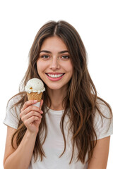 Smiling Brunette Woman Holding Ice Cream Cone on Isolated transparent background