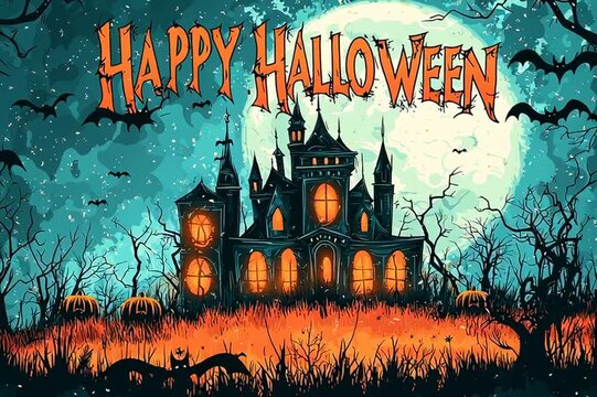 Spooky halloween greeting card featuring a haunted house, bats, full moon, and spooky trees, perfect for halloween projects