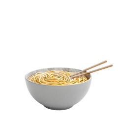 Photo of a steaming bowl of noodles with chopsticks rests on a white background isolated on transparent background