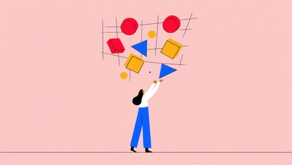 Abstract art with female figure balancing colorful geometric shapes