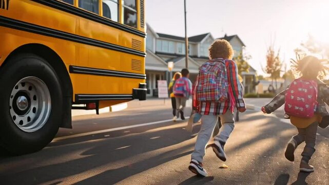 School Bus Departure: A bright yellow school bus sits as children, backpacks slung over shoulders, excitedly dash off towards the schoolhouse. The scene captures a moment of freedom and eagerness.