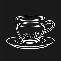 Glass cup of tea, ginger. Hand drawn vector illustration in outline style.