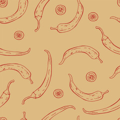 Seamless pattern with chili pepper. Hand drawn vector illustration.