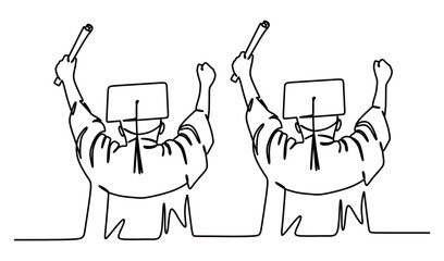 The art of drawing a continuous line of two people celebrating graduation after college, wearing graduation caps and holding diploma papers. A career awaits after graduation.