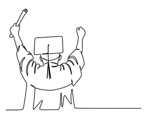 a continuous line drawing of someone celebrating graduation after college wearing a graduation cap and holding a diploma. a career awaits after graduation