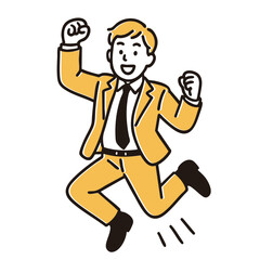 Businessman jumping with fist pump, minimal line art illustration