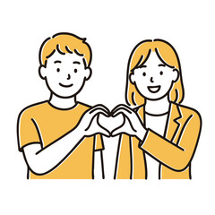 Young couple forming heart with both hands, minimal line art illustration
