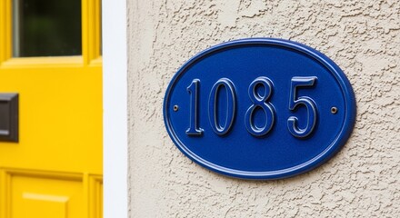 Vibrant facade: A blue address plaque on a textured wall with a yellow door