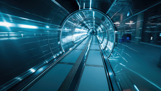 Futuristic blue tunnel interior with illuminated lines and a perspective view of a long corridor with a central pathway and circular opening