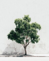 A small, lush green tree stands alone against a stark, textured white wall, cast in subtle shadow