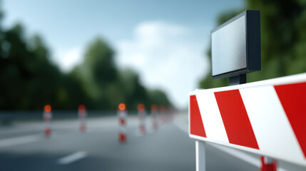 Roadblock with digital detour sign and foldable traffic barriers on highway during daytime, indicating temporary road closure or detour, with blurred background of trees and sky