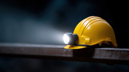 Yellow safety helmet with mounted headlamp resting on metal beam in dark environment, illuminated by bright light, conveying safety and work in low light conditions