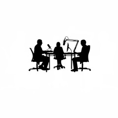 Silhouette of a team editing a podcast episode on white background