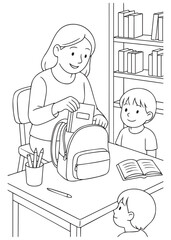 Coloring book page of a mother preparing school bags for kids.