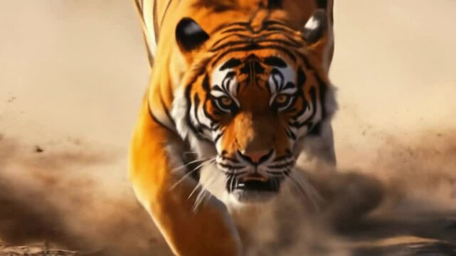 Majestic Tiger Charging Forward Through Dust Cloud in Dramatic Video Frame