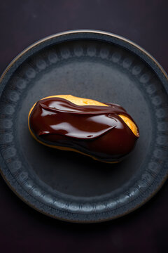 top view of a dark chocolate french eclair on a vlack plate