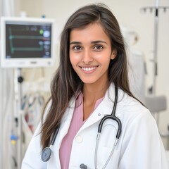 female doctor in a white coat holding a stethoscope, smiling confidently in a bright hospital room with medical equipment in the background
