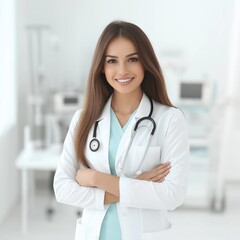 female doctor in a white coat holding a stethoscope, smiling confidently in a bright hospital room with medical equipment in the background