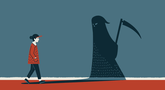Thanatophobia fear of death illustration. Person walking with dark shadow shaped like grim reaper. Thanatophobia concept for psychology articles, therapy websites,