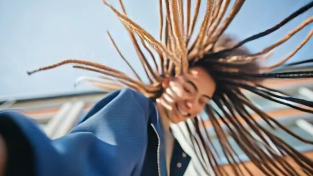 Joyful movement and radiant style: A vibrant individual joyfully flips their striking hair amidst a sun-kissed urban setting, embodying energy and self-expression.